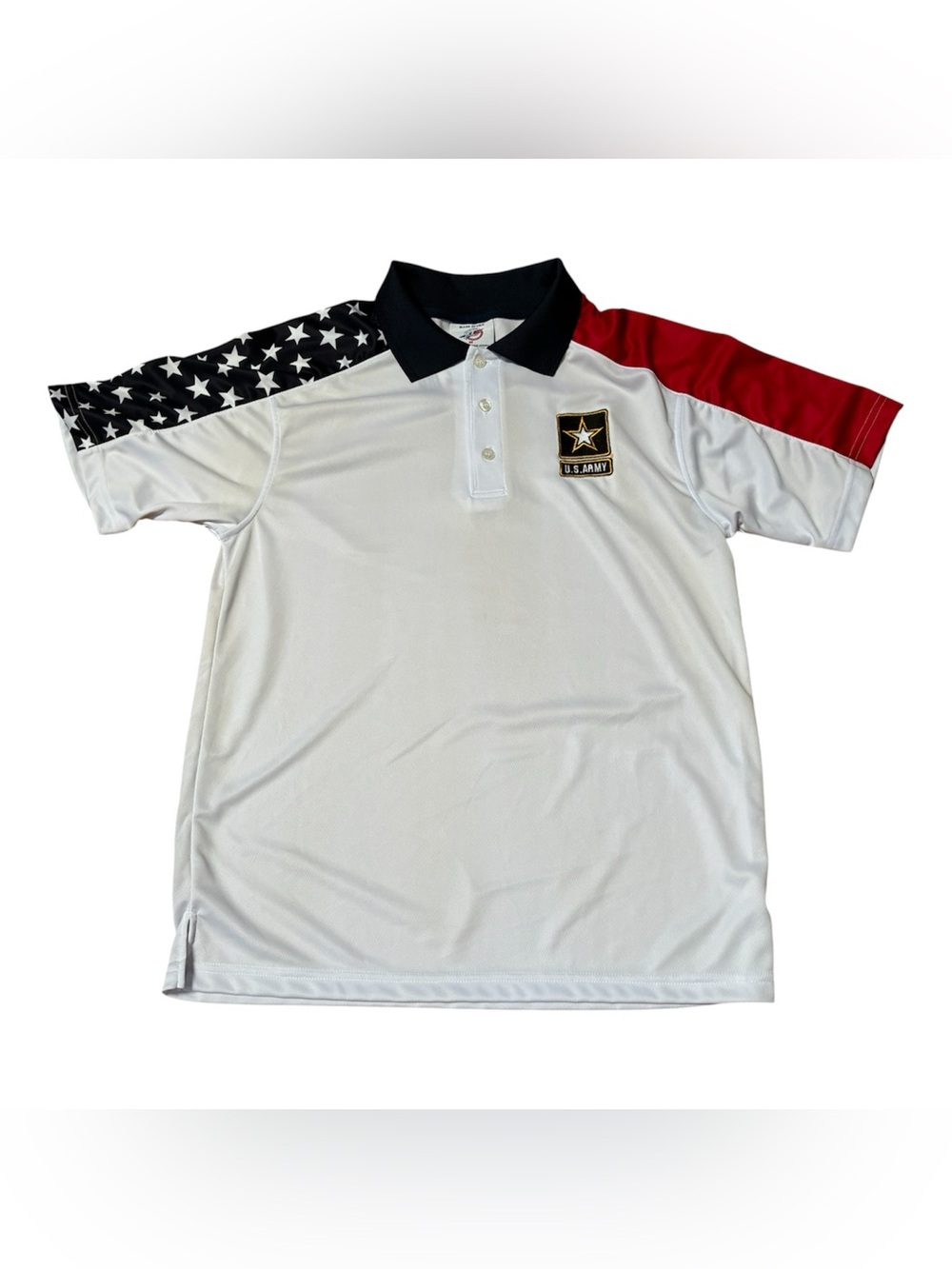 U.S. Army Flag Polo Shirt - White with Black and Red Sleeve Accents Star Size M